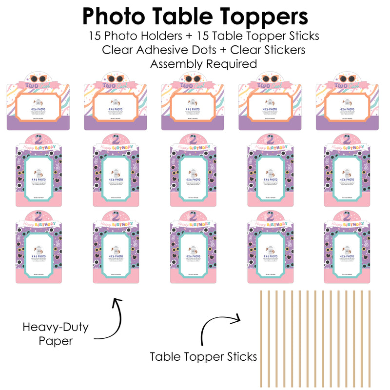 Two Cool - Girl - Pastel 2nd Birthday Party Picture Centerpiece Sticks - Photo Table Toppers - 15 Pieces