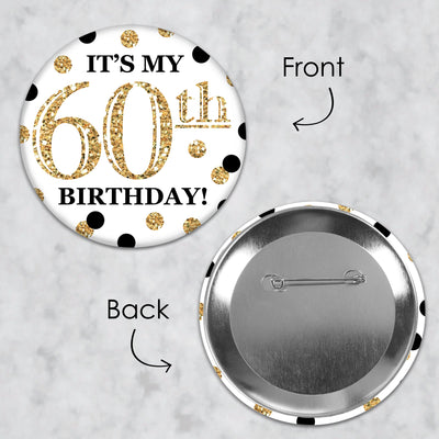 Adult 60th Birthday - Gold - 3 inch Birthday Party Badge - Pinback Buttons - Set of 8