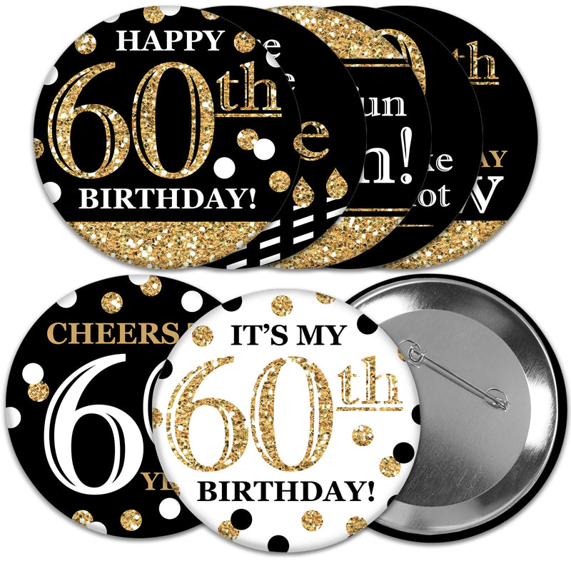 Adult 60th Birthday - Gold - 3 inch Birthday Party Badge - Pinback Buttons - Set of 8