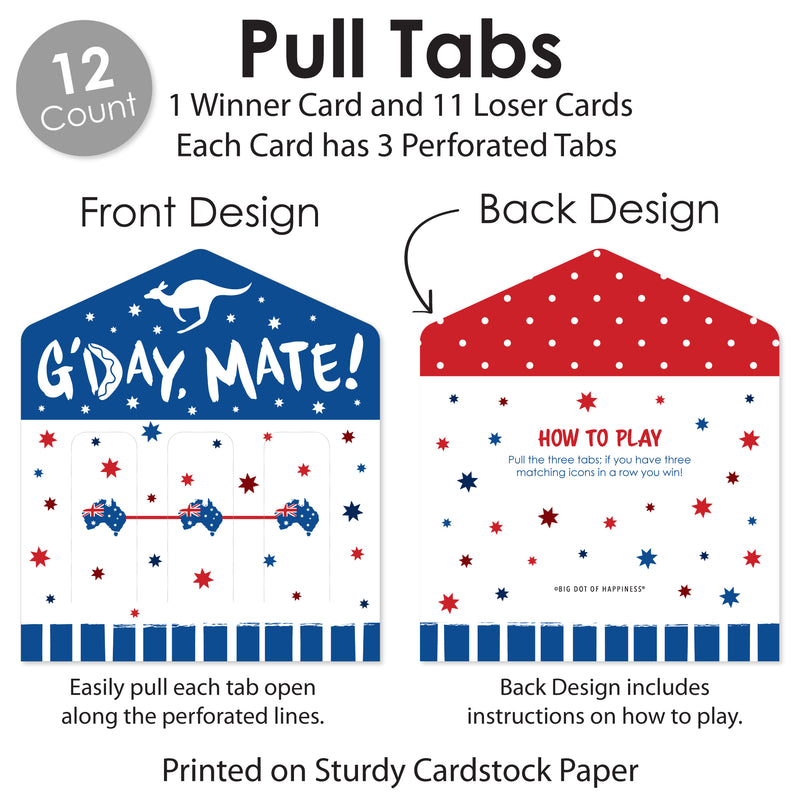 Australia Day - G’Day Mate Aussie Party Game Pickle Cards - Pull Tabs 3-in-a-Row - Set of 12