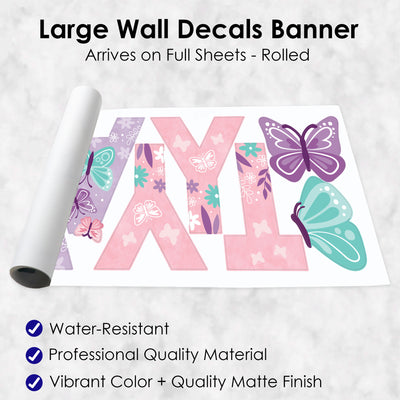 Beautiful Butterfly - Peel and Stick Floral Birthday Party Large Banner Wall Decals - Happy Birthday