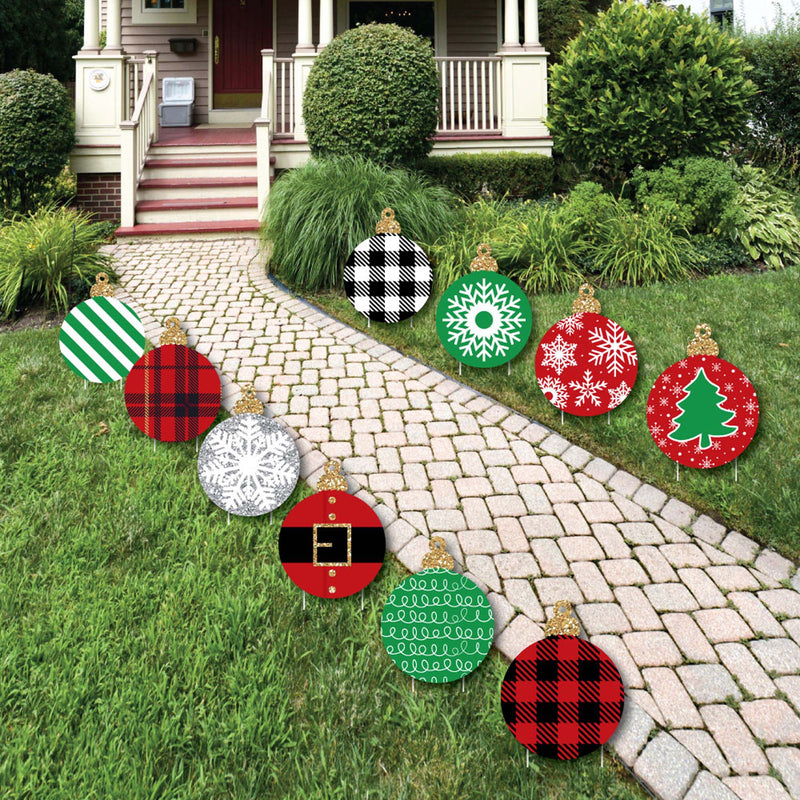 Black, Red and Green Ornaments - Lawn Decorations - Outdoor Holiday and Christmas Yard Decorations - 10 Piece