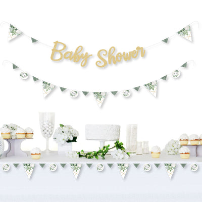 Boho Botanical Baby - Greenery Baby Shower Letter Banner Decoration - 36 Banner Cutouts and No-Mess Real Gold Glitter Welcome Baby Banner Letters