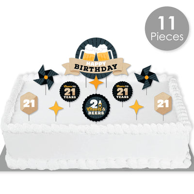 Cheers and Beers to 21 Years - 21st Birthday Party Cake Decorating Kit - Happy Birthday Cake Topper Set - 11 Pieces