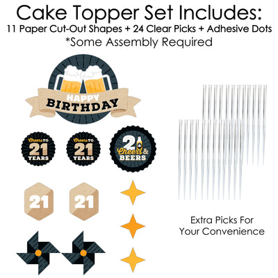 Cheers and Beers to 21 Years - 21st Birthday Party Cake Decorating Kit - Happy Birthday Cake Topper Set - 11 Pieces