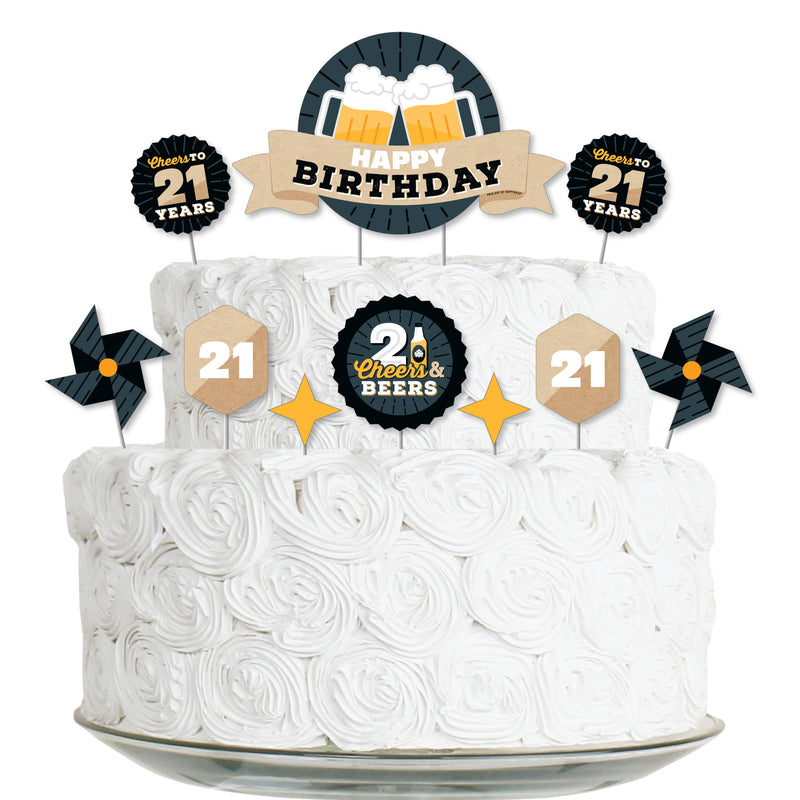 Cheers and Beers to 21 Years - 21st Birthday Party Cake Decorating Kit - Happy Birthday Cake Topper Set - 11 Pieces