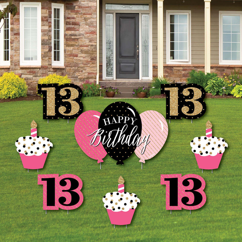 Chic 13th Birthday - Pink, Black and Gold - Yard Sign & Outdoor Lawn Decorations - Birthday Party Yard Signs - Set of 8