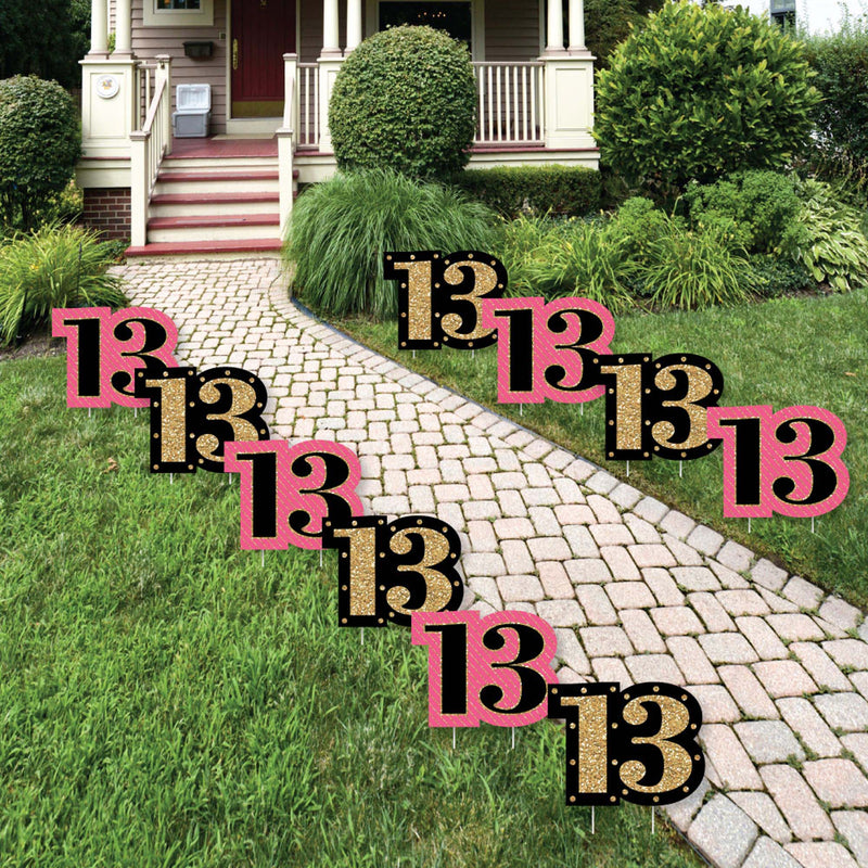 Chic 13th Birthday - Pink, Black and Gold Lawn Decorations - Outdoor Birthday Party Yard Decorations - 10 Piece