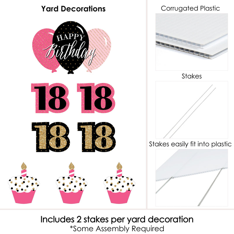 Chic 18th Birthday - Pink, Black and Gold - Yard Sign & Outdoor Lawn Decorations - Birthday Party Yard Signs - Set of 8