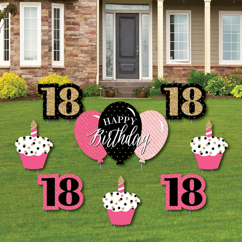 Chic 18th Birthday - Pink, Black and Gold - Yard Sign & Outdoor Lawn Decorations - Birthday Party Yard Signs - Set of 8