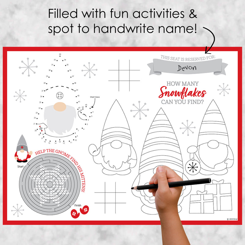 Christmas Gnomes - Paper Holiday Party Coloring Sheets - Activity Placemats - Set of 16