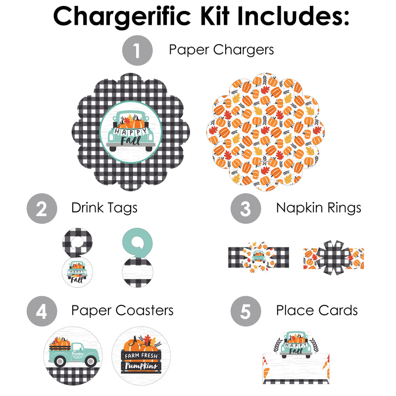 Happy Fall Truck - Harvest Pumpkin Party Paper Charger and Table Decorations - Chargerific Kit - Place Setting for 8