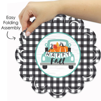 Happy Fall Truck - Harvest Pumpkin Party Round Table Decorations - Paper Chargers - Place Setting For 12