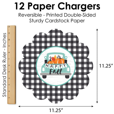 Happy Fall Truck - Harvest Pumpkin Party Round Table Decorations - Paper Chargers - Place Setting For 12