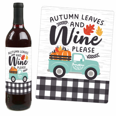 Happy Fall Truck - Harvest Pumpkin Party Decorations for Women and Men - Wine Bottle Label Stickers - Set of 4