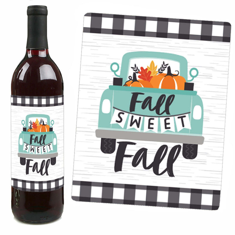 Happy Fall Truck - Harvest Pumpkin Party Decorations for Women and Men - Wine Bottle Label Stickers - Set of 4