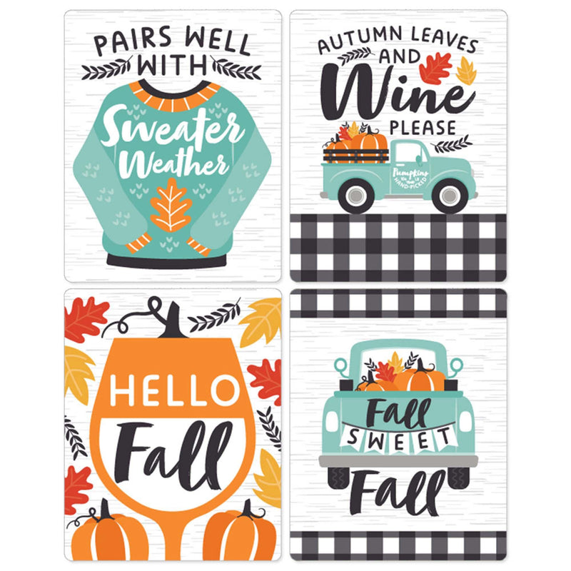 Happy Fall Truck - Harvest Pumpkin Party Decorations for Women and Men - Wine Bottle Label Stickers - Set of 4