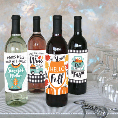 Happy Fall Truck - Harvest Pumpkin Party Decorations for Women and Men - Wine Bottle Label Stickers - Set of 4