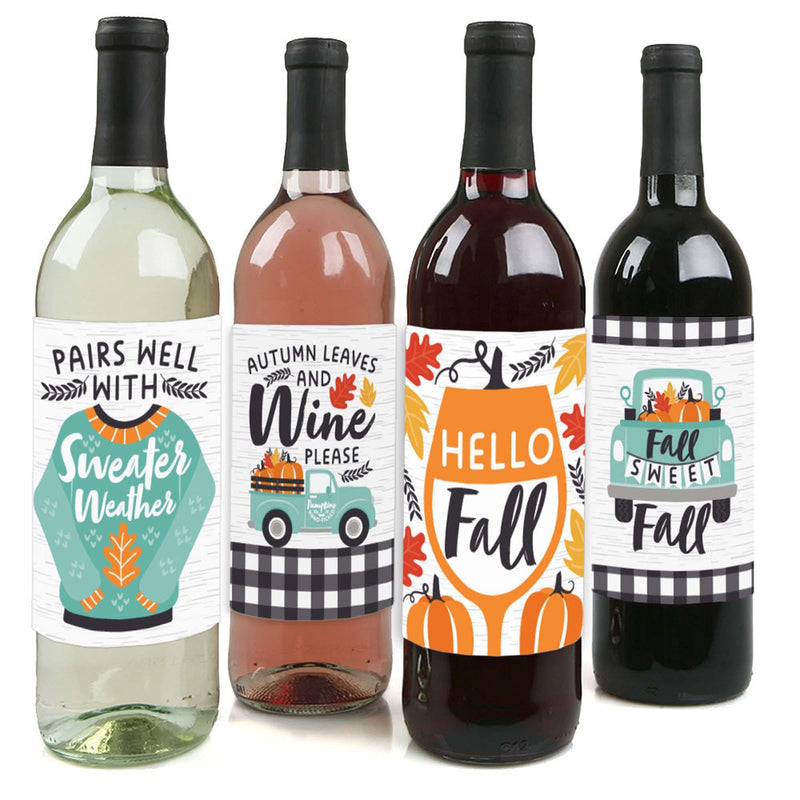 Happy Fall Truck - Harvest Pumpkin Party Decorations for Women and Men - Wine Bottle Label Stickers - Set of 4