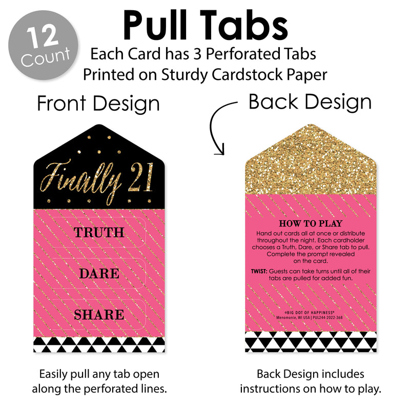 Finally 21 Girl - 21st Birthday Party Game Pickle Cards - Truth, Dare, Share Pull Tabs - Set of 12