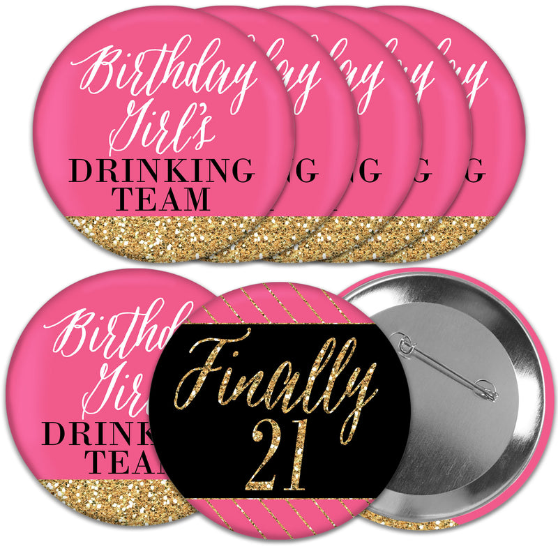 Finally 21 Girl - 3 inch 21st Birthday Party Badge - Pinback Buttons - Set of 8