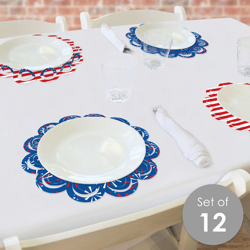 Firecracker 4th of July - Red, White and Royal Blue Party Round Table Decorations - Paper Chargers - Place Setting For 12