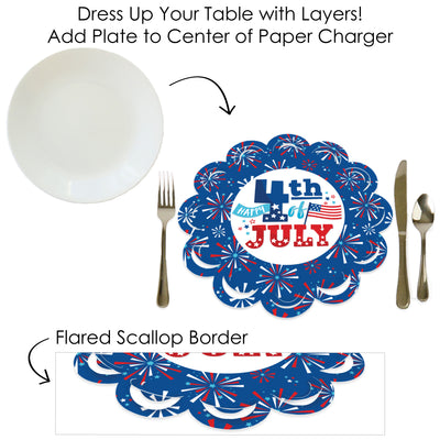 Firecracker 4th of July - Red, White and Royal Blue Party Round Table Decorations - Paper Chargers - Place Setting For 12