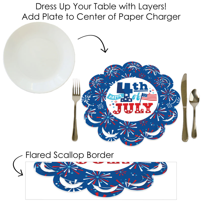 Firecracker 4th of July - Red, White and Royal Blue Party Round Table Decorations - Paper Chargers - Place Setting For 12