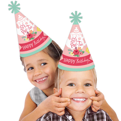 Floral Let's Par-Tea - Cone Happy Birthday Party Hats for Kids and Adults - Set of 8 (Standard Size)