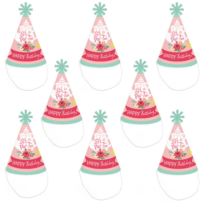 Floral Let's Par-Tea - Cone Happy Birthday Party Hats for Kids and Adults - Set of 8 (Standard Size)