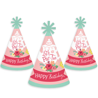 Floral Let's Par-Tea - Cone Happy Birthday Party Hats for Kids and Adults - Set of 8 (Standard Size)