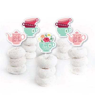 Floral Let's Par-Tea - Dessert Cupcake Toppers - Garden Tea Party Clear Treat Picks - Set of 24