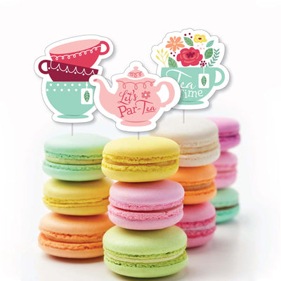 Floral Let's Par-Tea - Dessert Cupcake Toppers - Garden Tea Party Clear Treat Picks - Set of 24