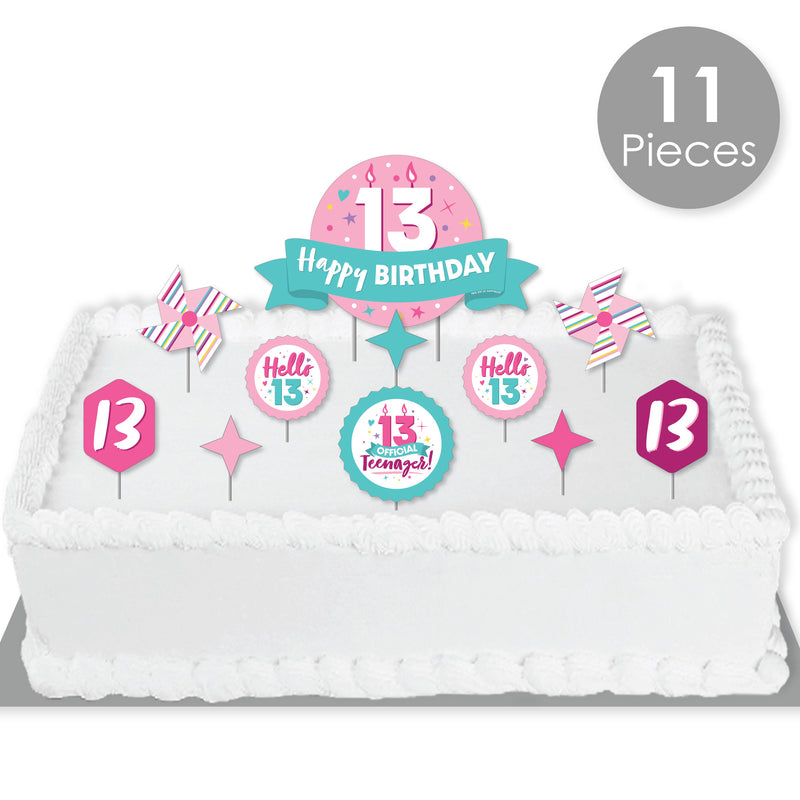 Girl 13th Birthday - Official Teenager Birthday Party Cake Decorating Kit - Happy Birthday Cake Topper Set - 11 Pieces