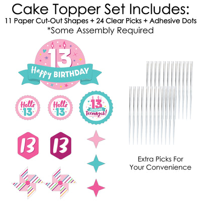 Girl 13th Birthday - Official Teenager Birthday Party Cake Decorating Kit - Happy Birthday Cake Topper Set - 11 Pieces