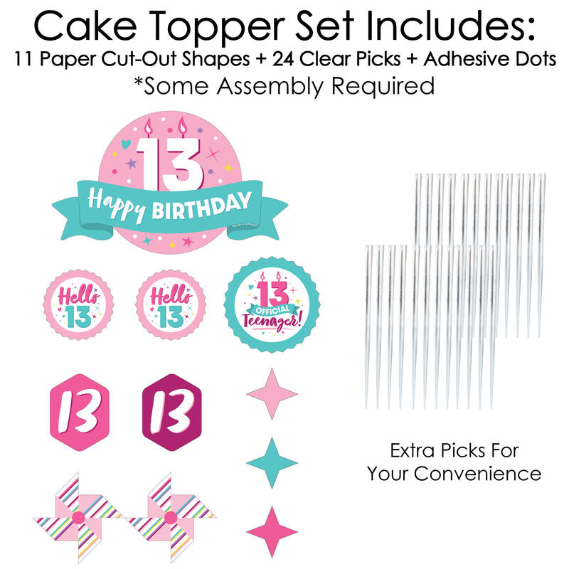 Girl 13th Birthday - Official Teenager Birthday Party Cake Decorating Kit - Happy Birthday Cake Topper Set - 11 Pieces