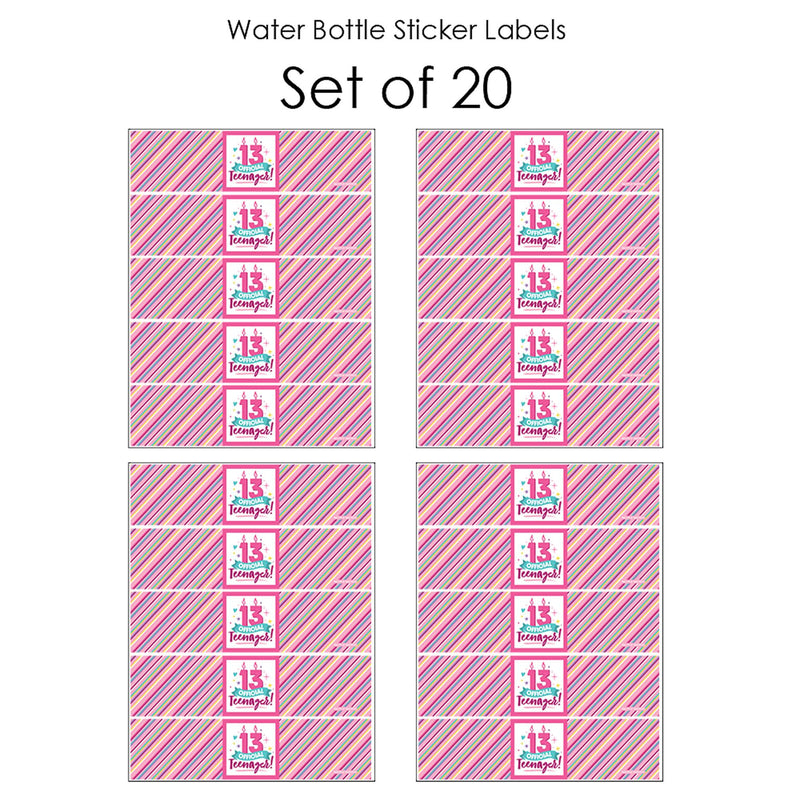 Girl 13th Birthday - Official Teenager Birthday Party Water Bottle Sticker Labels - Set of 20