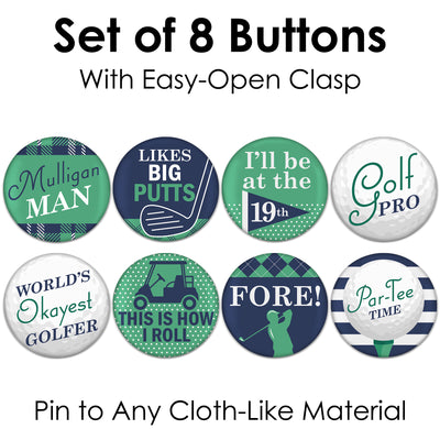 Par-Tee Time - Golf - 3 inch Birthday or Retirement Party Badge - Pinback Buttons - Set of 8
