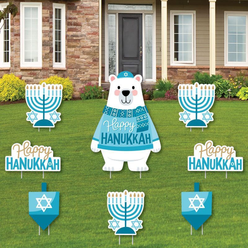 Hanukkah Bear - Yard Sign and Outdoor Lawn Decorations - Chanukah Holiday Sweater Party Yard Signs - Set of 8