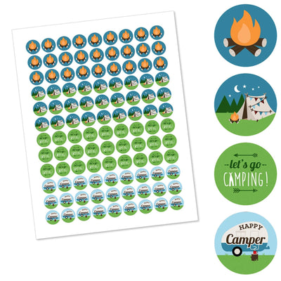 Happy Camper - Camping Baby Shower or Birthday Party Round Candy Sticker Favors - Labels Fit Hershey's Kisses - 108 ct