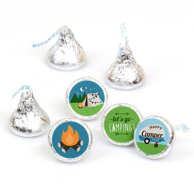 Happy Camper - Camping Baby Shower or Birthday Party Round Candy Sticker Favors - Labels Fit Hershey&