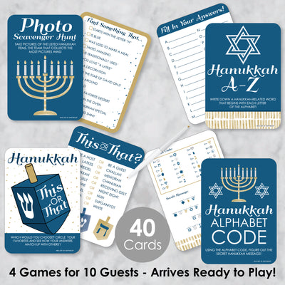 Happy Hanukkah - 4 Chanukah Holiday Party Games - 10 Cards Each - Hanukkah A-Z, Photo Scavenger Hunt, This or That and Alphabet Code - Gamerific Bundle