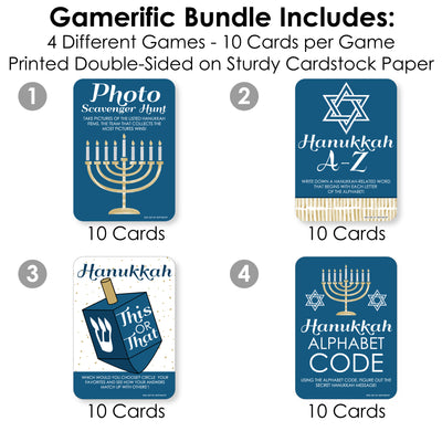 Happy Hanukkah - 4 Chanukah Holiday Party Games - 10 Cards Each - Hanukkah A-Z, Photo Scavenger Hunt, This or That and Alphabet Code - Gamerific Bundle