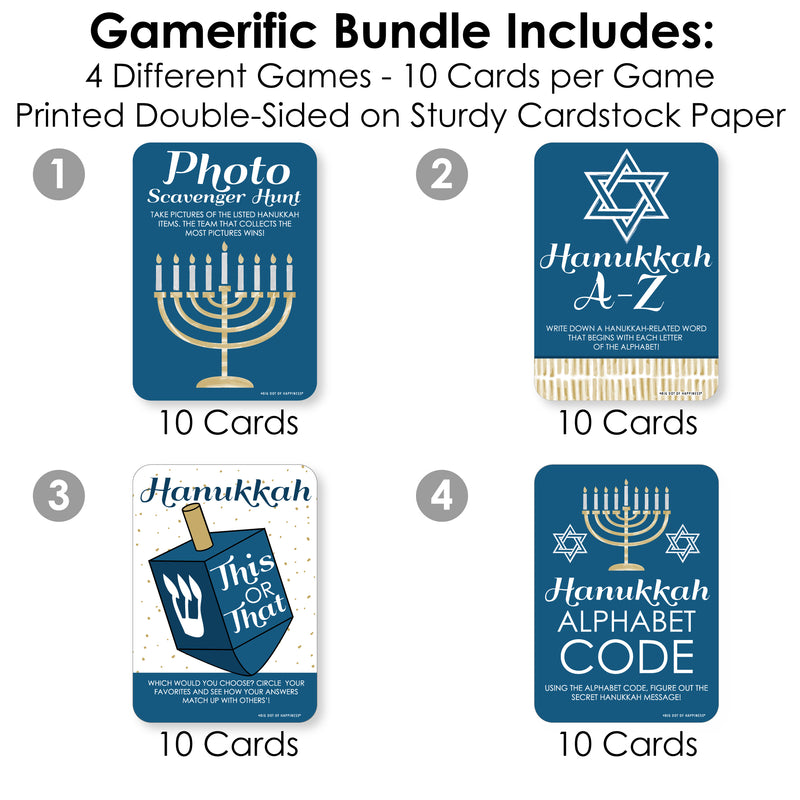 Happy Hanukkah - 4 Chanukah Holiday Party Games - 10 Cards Each - Hanukkah A-Z, Photo Scavenger Hunt, This or That and Alphabet Code - Gamerific Bundle