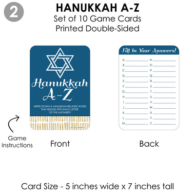 Happy Hanukkah - 4 Chanukah Holiday Party Games - 10 Cards Each - Hanukkah A-Z, Photo Scavenger Hunt, This or That and Alphabet Code - Gamerific Bundle