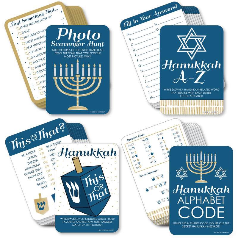 Happy Hanukkah - 4 Chanukah Holiday Party Games - 10 Cards Each - Hanukkah A-Z, Photo Scavenger Hunt, This or That and Alphabet Code - Gamerific Bundle