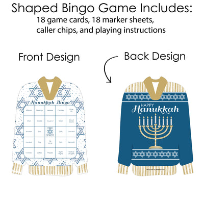 Happy Hanukkah - Bingo Cards and Markers - Chanukah Shaped Bingo Game - Set of 18