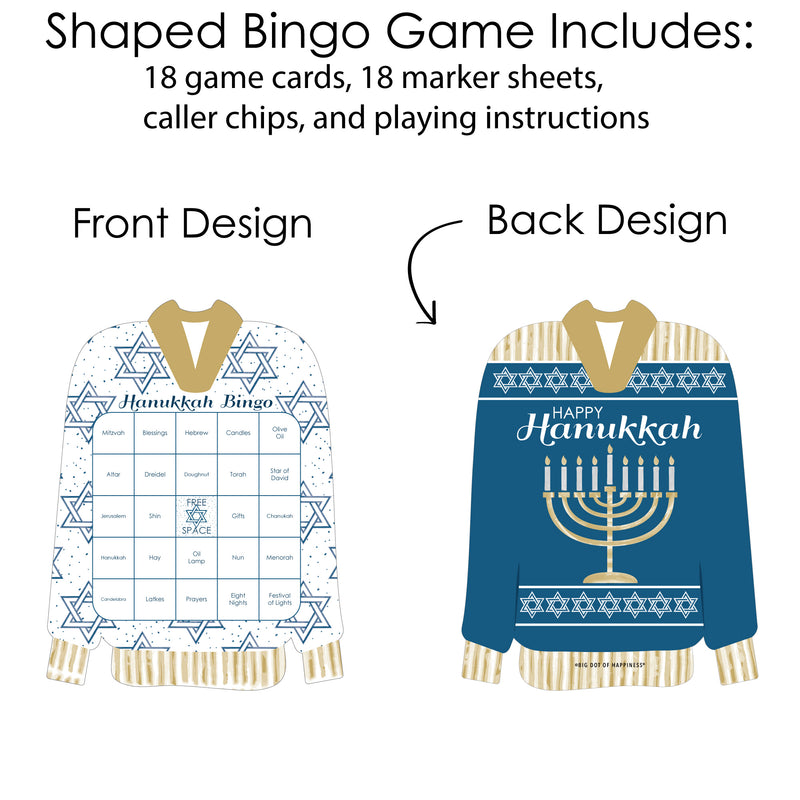 Happy Hanukkah - Bingo Cards and Markers - Chanukah Shaped Bingo Game - Set of 18