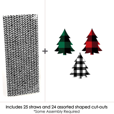 Holiday Plaid Trees - Paper Straw Decor - Buffalo Plaid Christmas Party Striped Decorative Straws - Set of 24