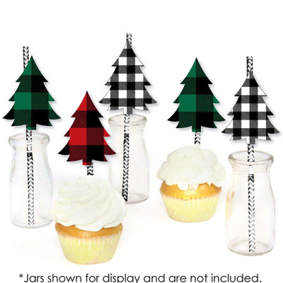 Holiday Plaid Trees - Paper Straw Decor - Buffalo Plaid Christmas Party Striped Decorative Straws - Set of 24